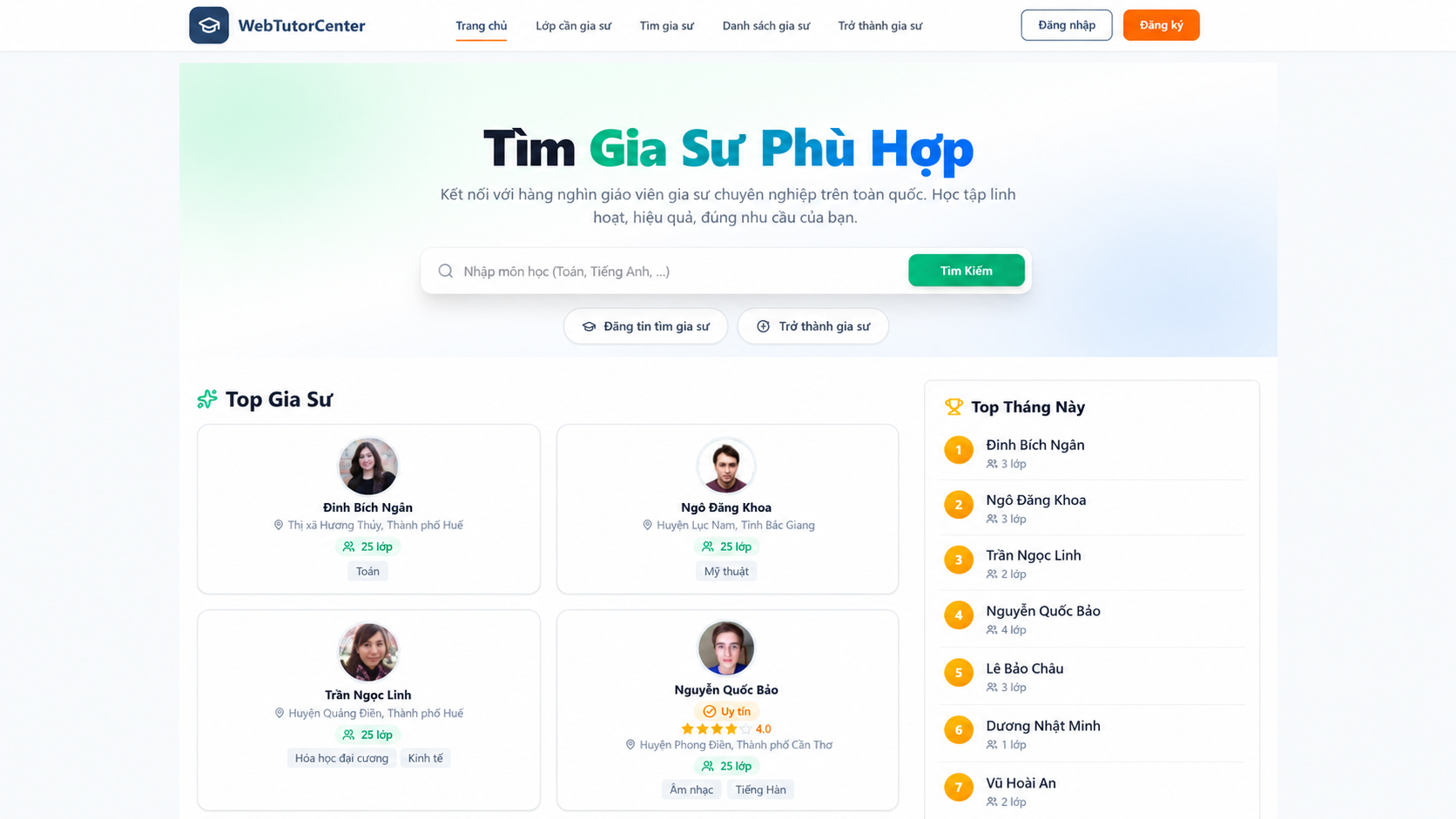 WebTutorCenter home page with tutor search and top tutor listings